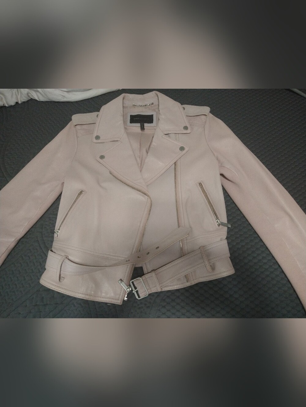 BCBG MaxAzria Rowan Light Pink Pebble Leather Moto Jacket with Belt Size Medium